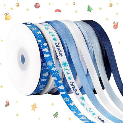 6 Rolls Winter Blue Snowflake SnowmanChristmas Ribbon for Crafts Xmas Crafts Wreath DIY Making Supplies for Gift Wrapping Bow Decoration