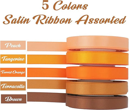 HUIHUANG Satin Ribbon 3/8 inch Orange Terracotta Double-Faced Silk Satin Ribbons for Hair Crafts Bows Making Gift Wrapping Fall Wedding Bridal Shower Decor - 5 Rolls, Total 50 Yards