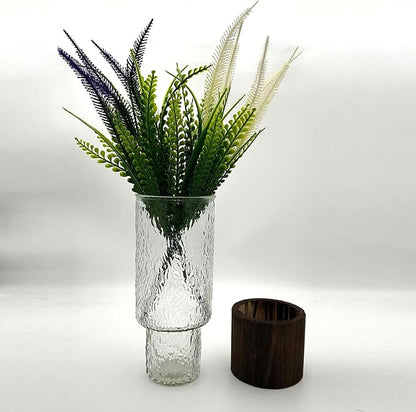 10 Inch Large Artistic Wood Base Glass Cylinder Flower Vase, Ins Modern Boho Water Wave Style for Home Kitchen Fireplace Office Desks, Houses, Garden Decorations