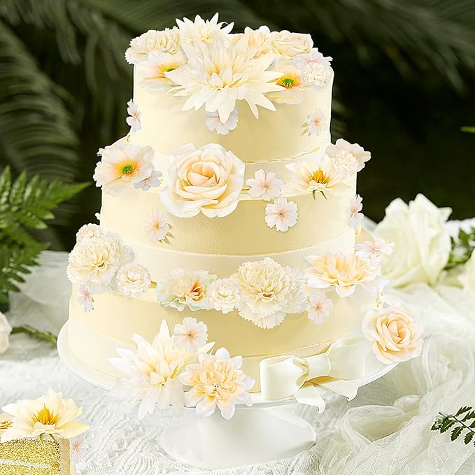 56 Pcs Champagne Artificial Flower Bulk, Fake Flower Heads for Crafts - Faux Mini Fabric Rose Daisy Hydrangea Carnation Mix for DIY Wedding Bouquets Garland Hair Cap Cake Party Home Decoration
