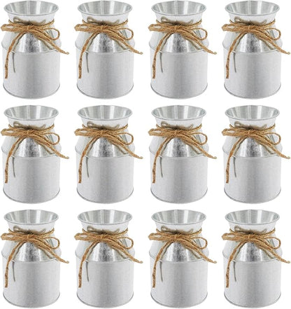 Flower Vase Decor, Farmhouse Metal Galvanized Milk Can Jug Vase with Bow, Flower Buckets for Artificial Flowers for Table Centerpiece Weddings(Silver)