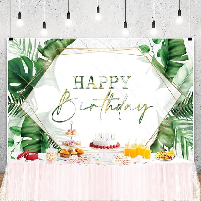 ChloropLastid 7x5ft Tropical Happy Birthday Backdrop Summer Green Palm Leaf Photography Background Hawaiian Birthday Party Banner Decorations for Men Women Portrait Photoshoot Props Supplies