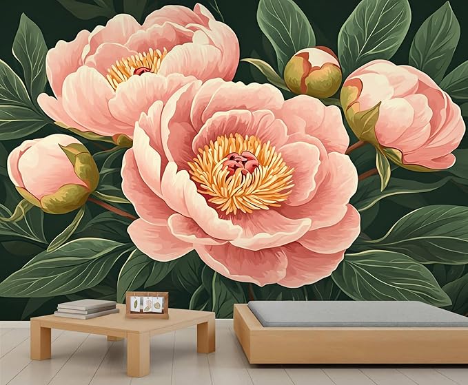 Peony Flower Wall Mural, Retro Pink Peony Flower 3D Wall Murals, Romantic Garden Theme Wallpaper Mural, for Living Room Bedroom Large Wallpaper Indoor Decor 157.5" W x110.3 H
