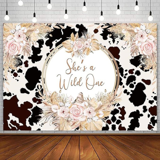 7x5ft She's a Wild One Backdrop for Girl 1st Birthday Party Decorations Holy Cow Highland Cattle Jungle Safari Rainforest Boho Floral Photography Background Bday Banner Photo Shoot Props