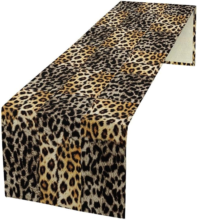 Animal Skin Print Table Runner, Vintage Leopard Farmhouse Cottage Country Western Wildlife Safari Dinner Runner for Home Kitchen Dining Table Party Holiday 13x60in