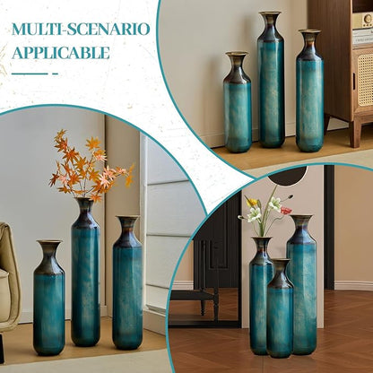 Floor Oversized Gold Metal Decorative Vase with 3D Triangle Pattern Set of 3 Large Vases for Home Living Room 33.5 ", 29.5 ", 25.2" High (Aqua Blue)