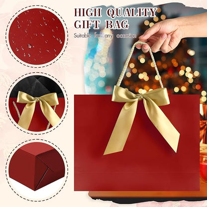 JMANNI 1PCS Large Gift Bag with Ribbon and 1 Greeting Card 2 Tissue Papers, Portable Paper Gift Bag with Handles, Birthday Gift Bags,Present Bags for Wedding Party,Mothers Day12.6" x 9.8" x 3.9"(Red)