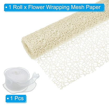 PATIKIL Flower Wrapping Mesh Paper, 15ft Floral Bouquet Craft Packaging Hollow Net Yarn with Ribbon for Flowers Gift Packaging, Cream White