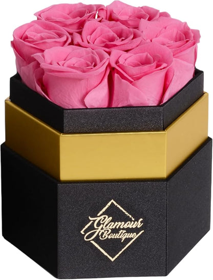 GLAMOUR BOUTIQUE Eternal Preserved Roses in a Box - Flowers Forever, Rose Forever in a Box for Wife, Birthday Gifts for Her, 7 Roses, Pink