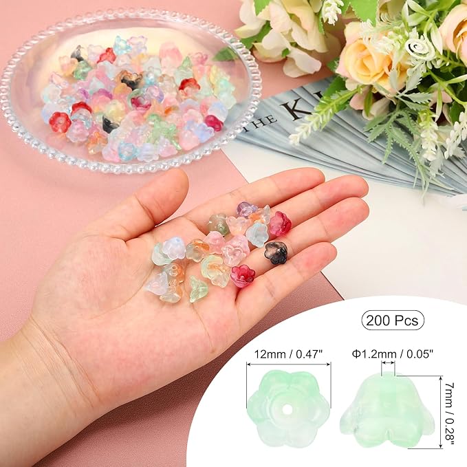 PATIKIL Glass Trumpet Flower Beads, 200 Pcs Gradient Flower Bead Charm for Jewelry Making DIY Craft, Bracelets, Earrings, Necklaces Decorations, Grass Green