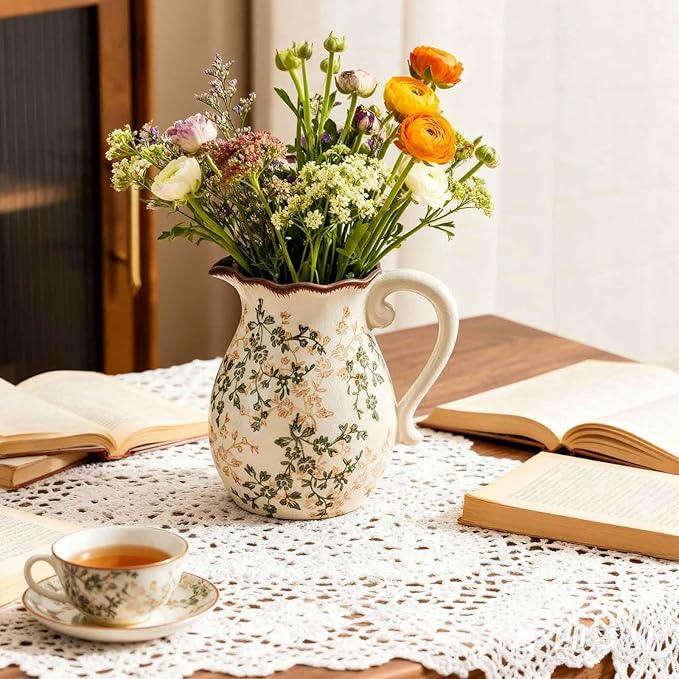 Vintage Ceramic Vase with Handle, Green and Beige Rustic Flower Pitcher Vase for Home Decor, Decorative Vase for Living Room, Bookshelf, Office, Vases for Centerpieces 8 Inch