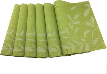 Gugrida Place Mats PVC Set of 6, Table Placemats Set of 6 PVC Woven Vinyl Place Mats Table Mats Natural Color (6 pcs, Green Leaves)