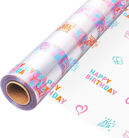 JOYIT Happy Birthday Cellophane Wrap Roll (35'' Wide X 100 FT Long) - 3 Mil Thick Clear Cellophane Roll, Birthday Cellophane Bags Large, Wrapping Paper for Flower Gift Baskets Wrap (35" fold into 17.5")
