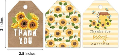 Pro Supply Global Strung Sunflowers Theme Gift Tags - 2.5x3 Inch 24 Pack - 3 Design Styles Assorted Cardstock Prints Pre-Strung Hanging Labels Suitable for Wrapping Favors DIY Presents Packaging Bags.