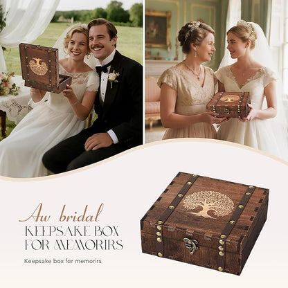 AW BRIDAL Wedding Keepsake Box with Tree of Life Engraved, Wood Decorative and Storage Boxes, Bridal Shower Gifts for Bride, Engagement Gifts for Couples Newly Engaged, Anniversary Marriage Presents