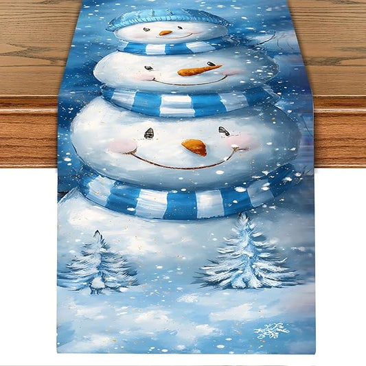 Christmas Snowman Table Runner for Dining Table, Winter Holiday Party Decor, Blue Snowflake Printed Long Tablecloth Runner for Kitchen, Christmas Dinner, Home Decoration, Holiday Table Setting