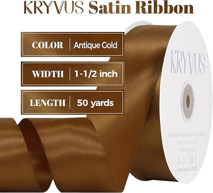 Antique Gold Satin Ribbon, Double Faced 1-1/2 Inch X 50 Yards Antique Gold Ribbon, Premium Satin Ribbon for Gift Wrapping, Crafts, Hair Bow Making, Sewing, Flower Bouquet, Wedding Party Decor