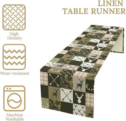 Farmhouse Table Runner, Rustic Deer Camouflage Buffalo Plaid Wild Animal Seasonal Coffee Table Center Decor for Home Kitchen Dining Holiday Party Table Decorations 13x108 inches