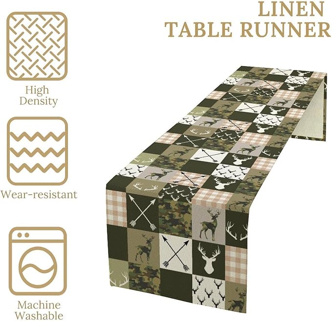 Farmhouse Table Runner, Rustic Deer Camouflage Buffalo Plaid Wild Animal Seasonal Coffee Table Center Decor for Home Kitchen Dining Patio Holiday Party Table Decorations 13x72 inches