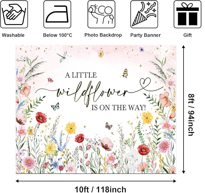 Avezano Wildflower Baby Shower Backdrop Watercolor A Little Wildflower is On The Way Party Decorations Floral Girl Baby Shower Banner Photoshoot Props 10 x 8 ft