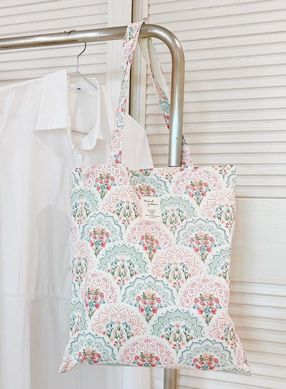 Cotton Canvas Tote Bag Reusable Soft Grocery Cloth Bag Floral Shoulder Bag for Beach Travel Shopping