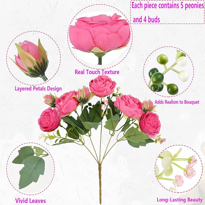 Peonies Artificial Flowers 12 Bundles Pink Flowers Bouquet, Lifelike Silk Fake Peonies with Stems for Home Table Centerpieces, Wedding, Party & DIY Bridal Floral Arrangements (Rose red)