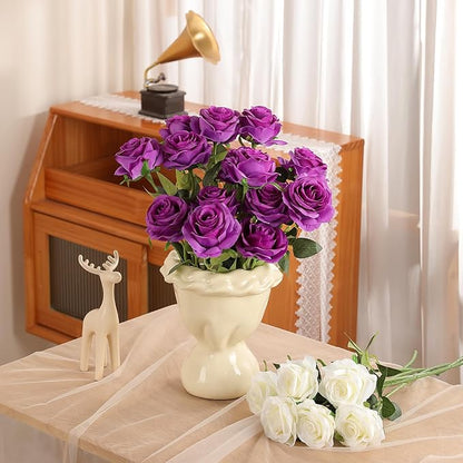 Nubry 24pcs Artificial Silk Roses Bulk,Fake Roses Flower with Stems Realistic Flowers for Wedding Centerpiece Home Party Decor(Purple)