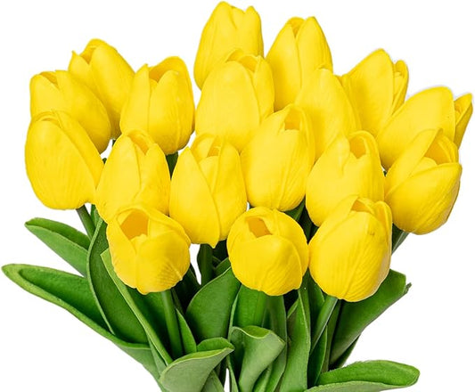 KAOYOO 18PCS Artificial Tulip Flowers Bouquet - Faux Latex Tulips for Home Decor,Office Desk,Kitchen Table,Wedding Centerpiece,Party,Spring Decoration(Yellow,18 Pack)