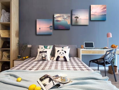 dgbtcart Romantic Sunset Beach Canvas Wall Art - Ocean Pictures Prints Colorful Seascape Painting Artwork for Bedroon Living Room, Bathroom - Office Kitchen Wall Decor 16"x 16" x 4 Panels