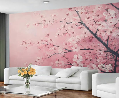 Pink Cherry Blossom Wall Mural, Romantic Cherry Blossom 3D Wall Murals, Japanese Flower Wallpaper Mural, for Living Room Bedroom Large Wallpaper Indoor Decor 137.8" W x100 H