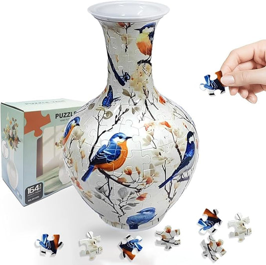 3D Puzzle Vase, 160 Curved Pieces DIY Flower Vase Craft Kit & 3D Puzzles for Adults, Creative Jigsaw Art Project Home Décor Centerpiece, for Women, Mom (White Birds & Blossoms)