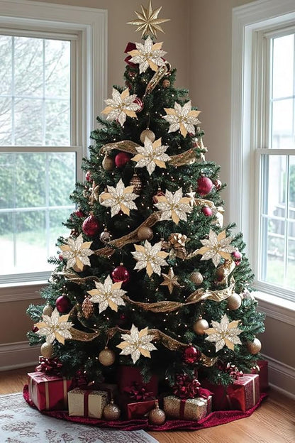 Hollyone 3PCS Poinsettia Christmas Flowers Artificial 11" Large Champagne Glitter Poinsettia Flowers Christmas Tree Ornaments Floral Picks for Tree Wreath Garland Vase Table Centerpiece Home Decor