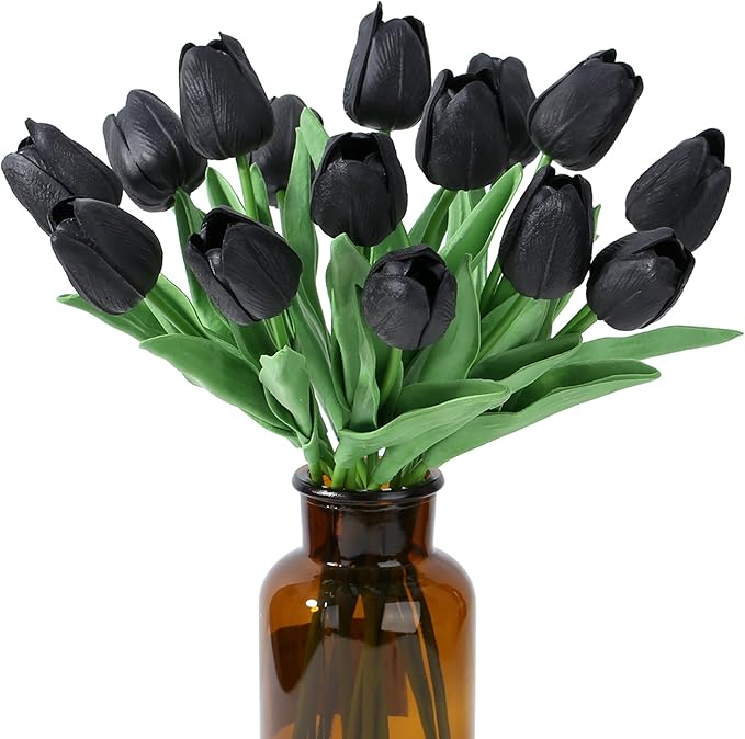 SITUMEIZI 15pcs Black Tulips Fake Artificial Flowers Real Touch 14" Silk Flower for Home Decor Easter Spring Wedding Bouquet Decorations Mother's Gift Day Floral Arrangements