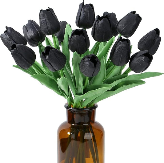 SITUMEIZI 15pcs Black Tulips Fake Artificial Flowers Real Touch 14" Silk Flower for Home Decor Easter Spring Wedding Bouquet Decorations Mother's Gift Day Floral Arrangements