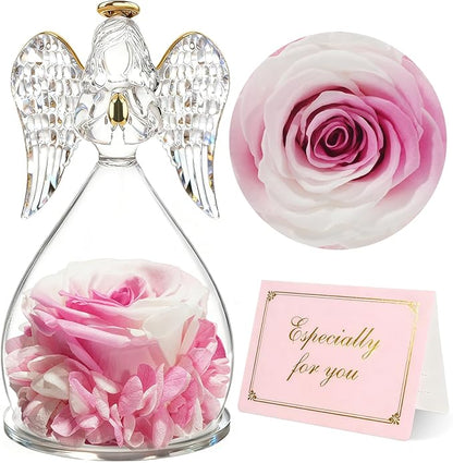 Yamonic Birthday Gifts for Women, Angel Figurines with Real Rose Gifts for Her Mom Grandma,Preserved Flowers Rose Gifts for Christmas Anniversary Birthday Gifts for Her (White+Pink)