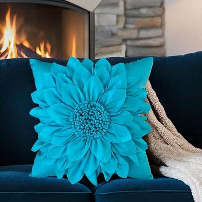 Bella's Giftshop 3D Sunflower Decorative Throw Pillow Covers for Bed Sofa Couch Car, Accent Floral Taffeta Cushion Cover, Handmade Pillow Cases Living Room Decor, 17x17 Inch-Teal/Turquoise
