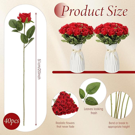 Hotop 40 Pcs Rose Artificial Flowers Bulk with Long Stem,Realistic Silk Fake Roses Bouquet for Home Wedding Centerpieces Party Table Decoration Valentines Gifts(Red)