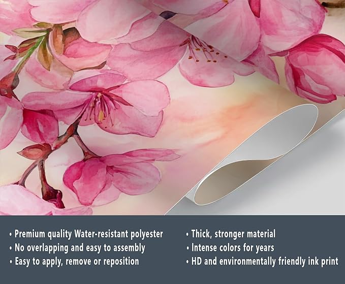 Watercolor Cherry Blossom Wall Mural, Japanese Cherry Blossom 3D Wall Murals, Simple Elegant Flowers Wallpaper Mural, for Living Room Bedroom Large Wallpaper Indoor Decor 197" W x124.8 H