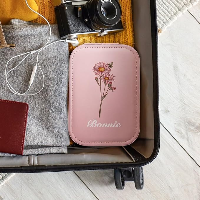 callie Personalized Travel Jewelry Case-Mirror & LED 3 Adjustable Light, Custom Birth Flower Makeup Jewlery Box with Name, Wedding Birthday Gift for Women