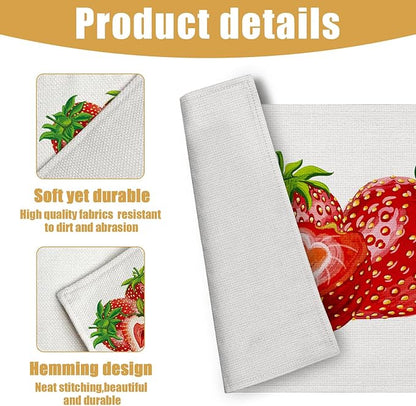 Strawberry Placemats Set of 6, Spring Summer Linen Place Mat Washable Stain Resistant Table Mats for Farmhouse Kitchen Dining Party Wedding Decor 12x18 Inch