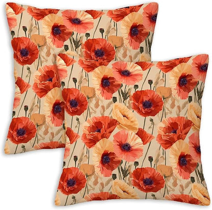 Floral Throw Pillow Covers Set of 2 | Poppy Flower Print Decorative Cushion Cases for Couch, Sofa, Living Room and Bedroom | Square 18x18 Inches | Zipper Closure Pillowcases