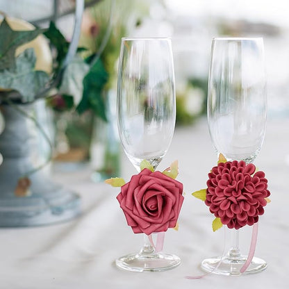 Artificial Flowers, 50pcs Hot Pink Artificial Rose for DIY Wedding Bouquets Centerpieces Arrangements, Hot Pink Rose and Dahlia Flowers with Stems for Bridal Shower Party Home Decorations