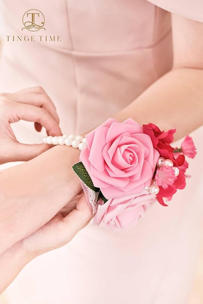 TINGE TIME Set of 2 Peach Pink Wrist Corsage Bracelets Pearl Wristlet Band Bridesmaid Bracelet for Wedding Ceremony Bridal Shower Wedding Artificial Flower Prom Hot Pink