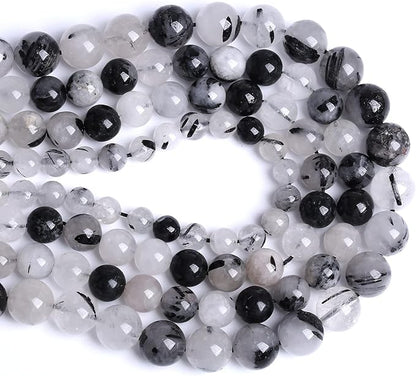 10MM 36PCS Natural Crystal Stone Black Rutile Quartz Gemstone 2A Grade Loose Beads for Jewelry Making DIY Bracelet Necklace Semi Precious Beads 1 Strand