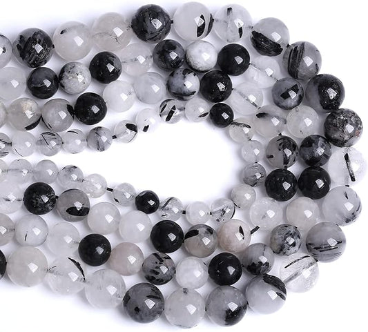 10MM 36PCS Natural Crystal Stone Black Rutile Quartz Gemstone 2A Grade Loose Beads for Jewelry Making DIY Bracelet Necklace Semi Precious Beads 1 Strand
