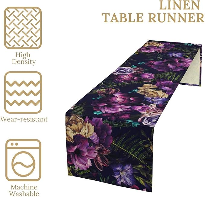 Gothic Flower Table Runner, Watercolor Vintage Dark Purple Floral Romantic Flower Blooming Table Runner for Home Kitchen Dining Table Decor, 13x36inch