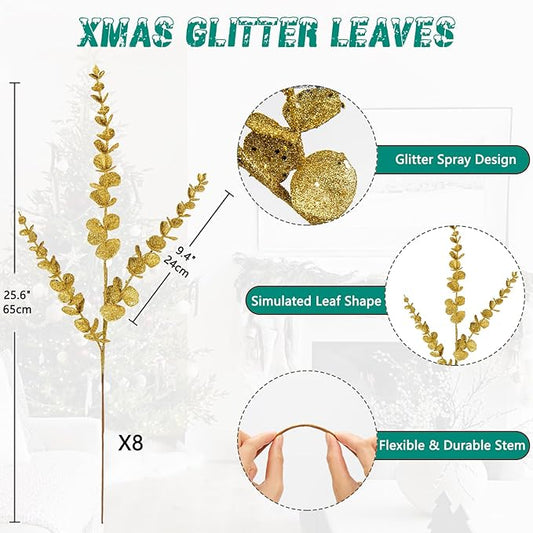 Oairse 8 Pcs Christmas Tree Picks and Sprays Gold Glitter Christmas Picks 25.6" Christmas Glitter Eucalyptus Leaves Stems for Christmas Tree Filler Branches Wreaths Centerpieces Holiday Decorations