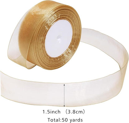 Gold Ribbon for Gift Wrapping 1-1/2 inch Sheer Organza Ribbon for Flower Bouquet Tulle Chiffon Ribbons for Wedding Invitations Christmas Decorations Crafts 50 Yards