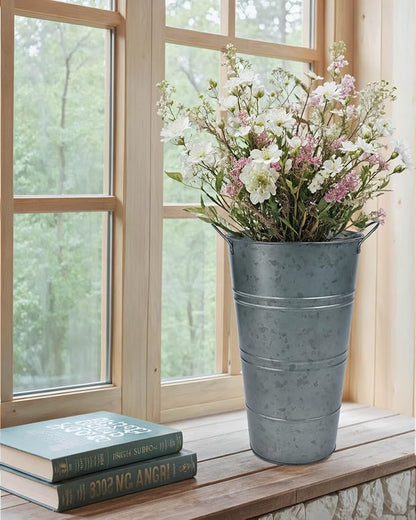 12 Inch Galvanized Metal Vases for Flowers - 6 Pcs Farmhouse Decorative Tall Flower Bucket with Handles, Rustic French Tin Planter Buckets for Wedding Decor (Galvanized Black)