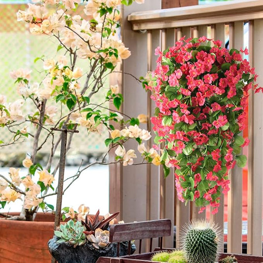 Artificial Fake Hanging Flowers Plants for Outdoor Spring Summer Decoration, 2PCS Faux Silk Violet UV Resistant Look Real Trailing Vines for Outside Home Planter Porch Patio(Rose red)